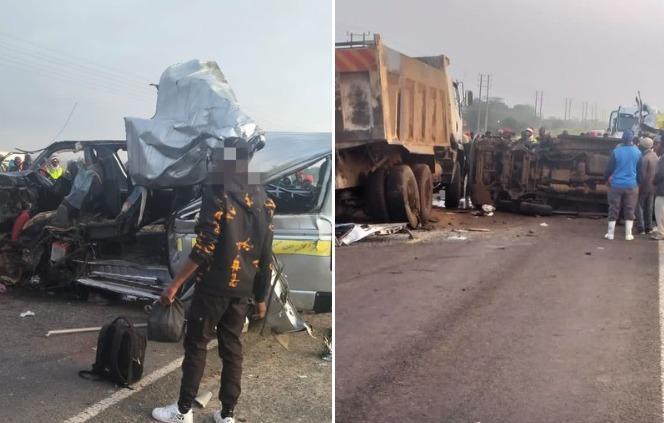 Photo collage of an accident involving a matatu and a lorry along Isinya/Kitengela road in the Kisaju area on Monday, January 8, 2024. Photo\ NPS.